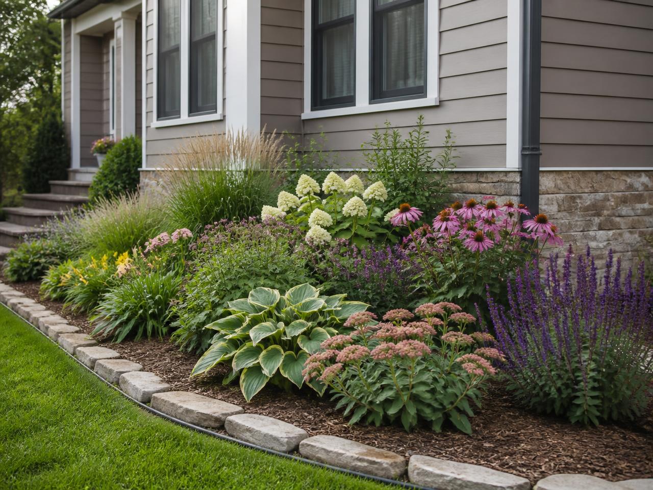 Restrained garden bed with natural stone, cedar mulch and evergreens beside a clean lawn edge