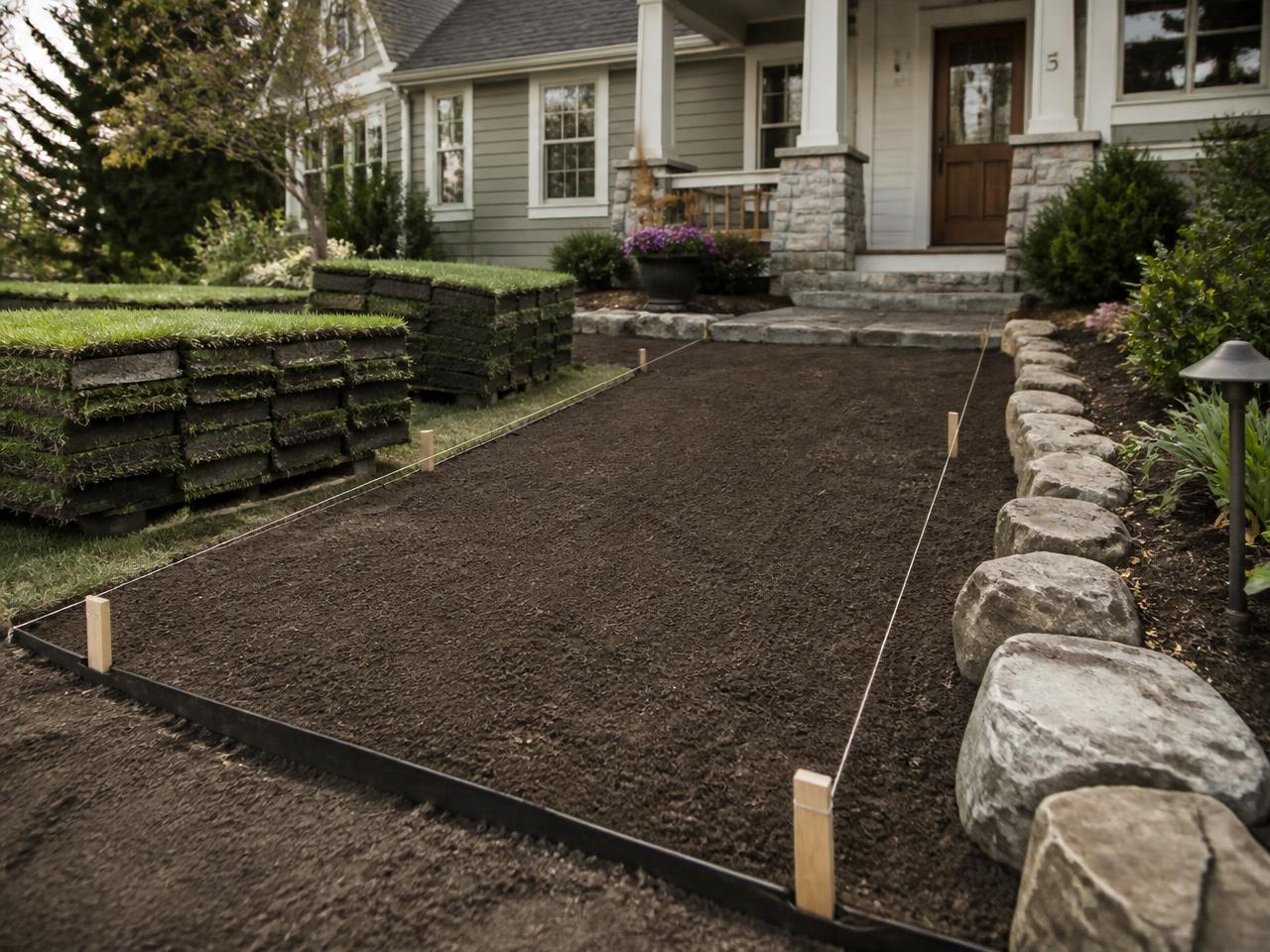 Graded and raked yard at a new home with pallets of sod ready for installation